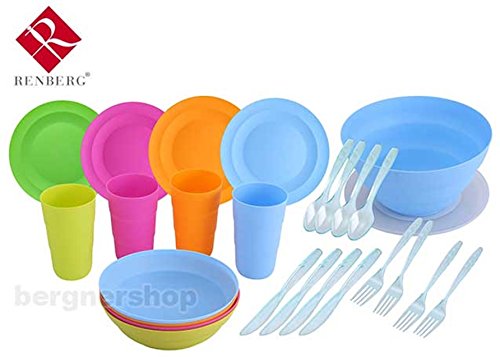 Renberg RB-4401 Picknick Set 26-teilig Besteck Teller Schüssel Becher Garten Outdoor mehrfarbig