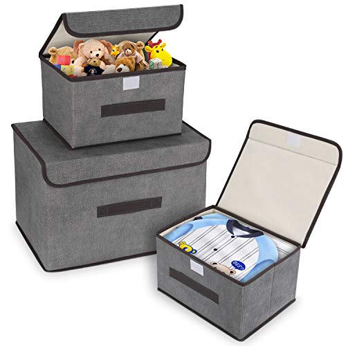 DIMJ 3 Stück Aufbewahrungsboxen mit Deckel und Griff, Faltbare Aufbewahrungskiste für Kleiderschrank, Kleidung, Bücher, Kosmetik, Spielzeug (Grau)