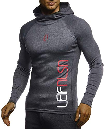 Leif Nelson Gym Herren Fitness Langarm-Shirt Funktionsshirt Kapuzenshirt Slim Fit Männer Bodybuilder Trainingsshirt Hoodie Sportshirt Bodybuilding Training LN8287 Anthrazit-Rot X-Large