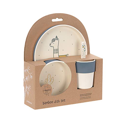 LÄSSIG Kinder Geschirr Set mit Bambus Teller Schüssel Becher Löffel nachhaltig Kindergeschirr mit Bambus / Dish Set with Bamboo Glama Lama blue