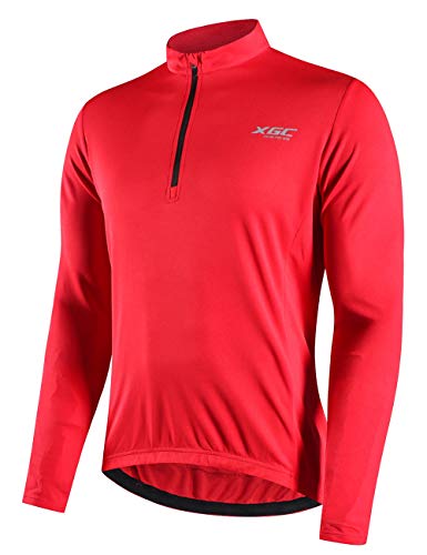 Herren Langarm Radtrikot Fahrradtrikot Radshirt Fahrradshirts Fahrradbekleidung für Männer mit Elastische Atmungsaktive Schnell Trocknen Stoff (Red, XXL)