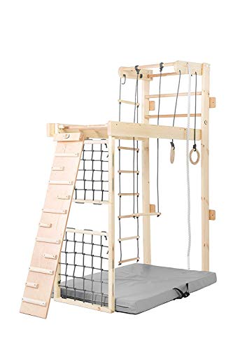 Kidsmont Kombi-Sprossenwand 5 in 1 ABNEHMBAR KLAPPBAR Sprossenwand Turnwand Klettergerüst Indoor Kletterwand Sporteck Freitzeitpark Heimsportgerät mit Matte und Brett Rutsche (Grau)