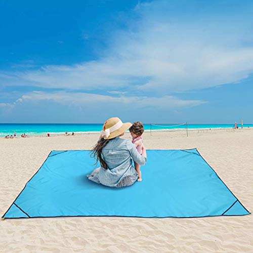 MOVTOTOP Stranddecke XL Strandmatte, Picknickdecke wasserdichte Sandabweisende mit Nylon Notfall Poncho Funktion, Tragbare Campingdecke mit 6 Metallstangen für Strand, Outdoor, Wiese