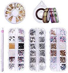 Liarty 3D-Nageldekorationsset: 4 Boxen mit Strasssteinen/Kristallen/Acrylperlen/Nagelperlen/Dekorationen, 30 Stück Striping Tape Line, 1 Striping Tape Case, 1 Dotting Pen DIY Nail Art Werkzeug
