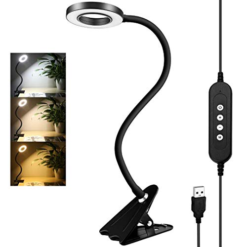 LED Klemmleuchte/Leselampe klemmen 8W, Dimmbar Schreibtischlampe mit 11- Stufe Helligkeit, 3 Farben USB Flexibel Schwanenhals Nachttischlampe für Schreibtisch, Bett, Kopfteil, Werkbank (schwarz)