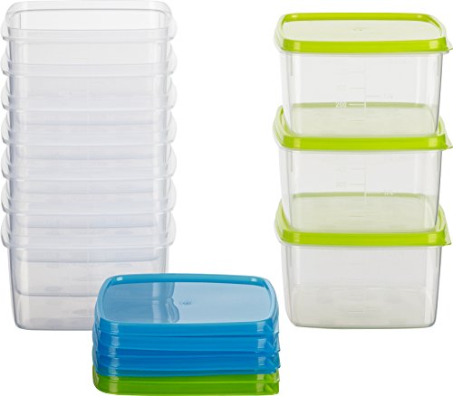 Kigima Frischhaltedose Gefrierbehälter 0,5l quadratisch 11x11x6,4 cm 10er Set blau und grün