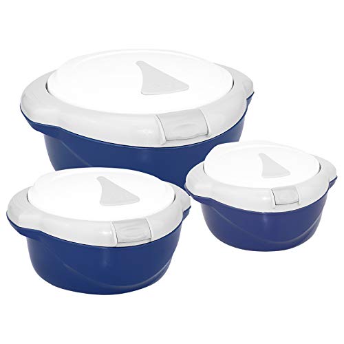 3-tlg. WELLGRO Thermoschüssel SET - 1500ml, 1000ml und 500ml, mit Taste zum öffnen des Deckels, mit Edelstahleinsatz, blau/weiß, Kunststoff