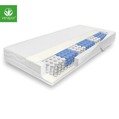 Verapur Classik Tonnen Taschenfederkern Matratze 90 x 200 cm / H3 Härtegrad (81-100 kg) / inkl. waschbarem Allergiker Matratzenbezug / 7 Zonen