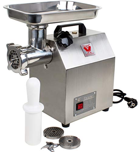 Beeketal 'FW120B' Profi Gastro Edelstahl Fleischwolf mit 120 kg/Std. Durchsatz, starkem 850 Watt Motor, 1 Geschwindigkeit, Tragegriff, inkl. 2x Messer, 3x Lochscheiben (3, 5 und 8 mm), Stopfer