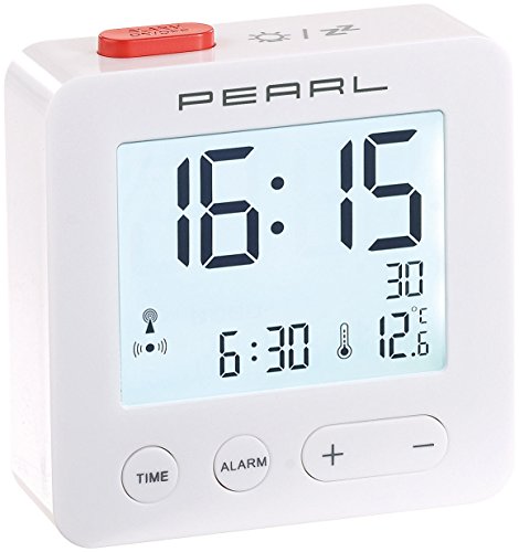 PEARL Funkwecker: Digitaler Reise-Funk-Wecker mit Thermometer und beleuchtetem Display (Digitaler Funkwecker)