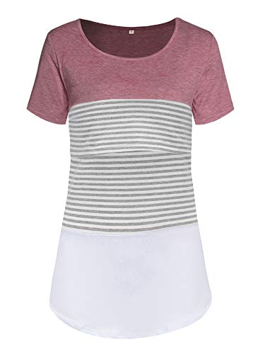 Love2Mi Damen Mutterschaft Spitze gestreift Stillende Oberteile Kurzarm Stitching Stillendes T-Shirt, Rosa, XL