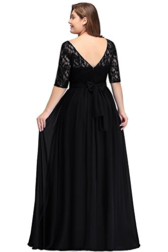 Misshow Damen Übergröße Abendkleid Spitze Chiffon mit Ärmel Elegant Lang Ballkleid , Schwarz, 44