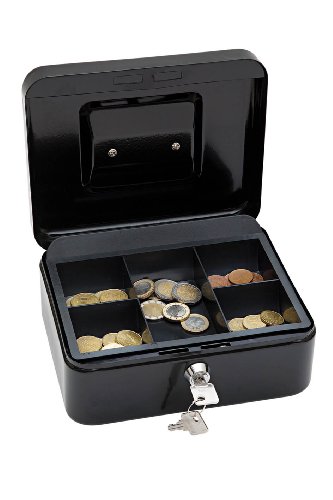 Wedo 145221X Geldkassette (aus pulverbeschichtetem Stahl, versenkbarer Griff, 5-Fächer-Münzeinsatz, Sicherheits-Zylinderschloss, 20 x 16 x 9 cm) schwarz