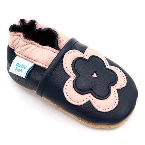 Dotty Fish weiche Leder Babyschuhe. Rutschfesten Wildledersohlen. 6-12 Monate (19 EU). Marineblau mit rosa Blume.