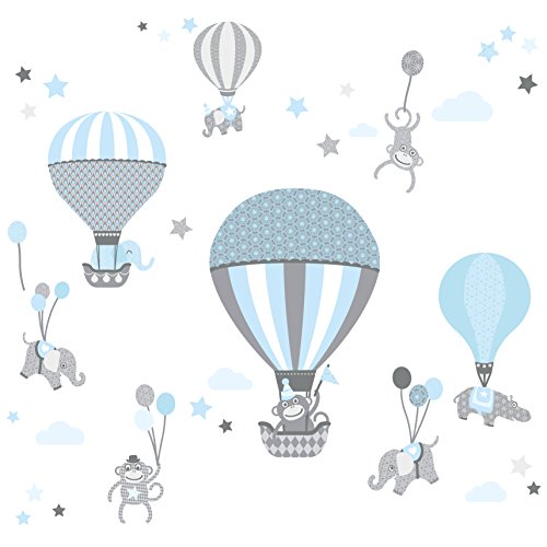 anna wand Wandsticker HOT AIR BALLOONS HELLBLAU/GRAU - Wandtattoo für Kinderzimmer / Babyzimmer mit Tieren in Heißluftballons versch. Farben - Wandaufkleber Schlafzimmer Mädchen & Junge, Wanddeko Baby / Kinder