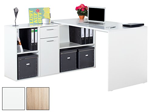 RICOO Winkelkombination Schreibtisch Weiss Arbeitstisch Computer Tische WM081W Office Table Bürotisch Computertisch Gaming Eckschreibtisch Regal Schubladen Organizer Akten Schrank Holz Lowboard