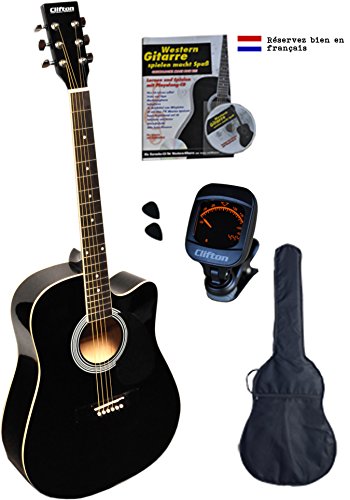 Clifton Westerngitarre, schwarz Cutaway, Rosewood Griffbrett, mit gepolsterte Tasche, Buch Karaoke CD, digitales Stimmgerät und 2 Plectren