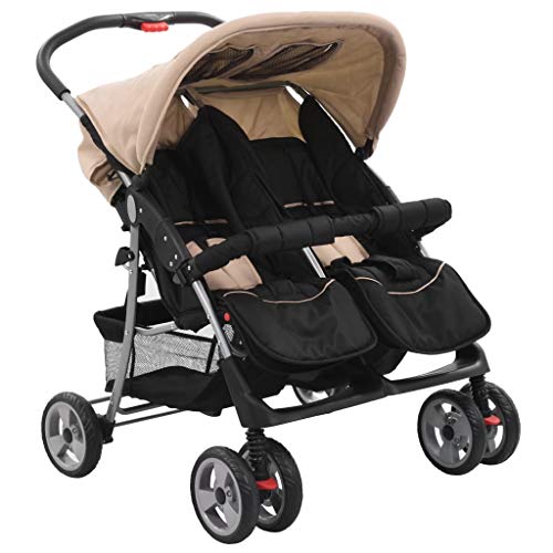 vidaXL Zwillingswagen Kinderwagen Geschwisterwagen Zwillingsbuggy Baby Kleinkinder Taupe Schwarz Stahl 6-36 Monate Nebeneinander Klappbar