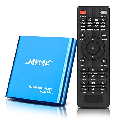 AGPtek Mini 1080P Full HD Digital Mediaplayer Medienspieler Medienspieler mit Fernbedienung für MP3, WMA, OGG, AAC, FLAC, APE, AC3, DTS, ATRA - Unterstützt HDMI CVBS & YPbPr Videoausgang - jede Datei von USB Festplatten Flashdrives Speicherkarten abzuspielen(Schwarz/Blau) (-HA0053)