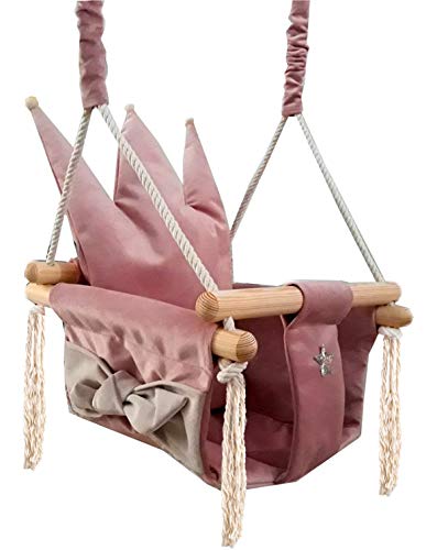 MALATEC Babyschaukel Kinderschaukel mit Kissen Holz Stoff Deckenaufhängung Krone 9550, Farbe:Rosa