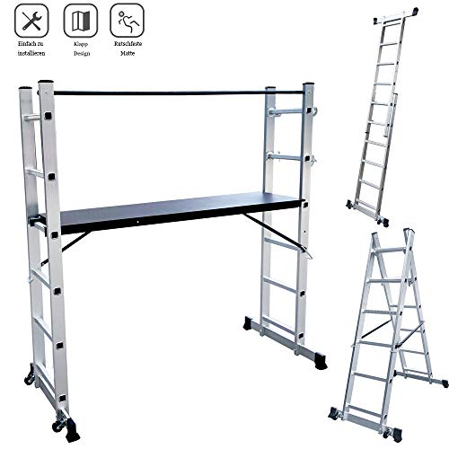 Froadp Aluminum Gerüste Mehrzweck Arbeitsgerüst mit MDF-Platte Rutschfeste Leiter Belastbarkeit bis 150KG Klappare Multifunktions Kombileiter mit 2 Streben und 2 Rad(2×6 Stufen)