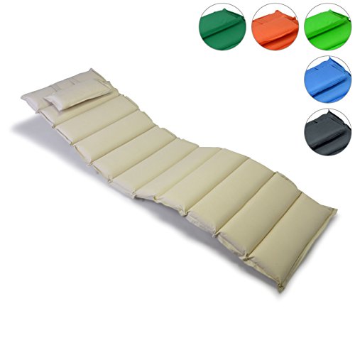 Hochwertige Liegen-Auflage Sitz-Polster mit Kopfkissen für Sonnenliegen Sauna Garten Terrasse Camping, feste Qualität, dick bequem wasserabweisend abwaschbar aufrollbar, creme