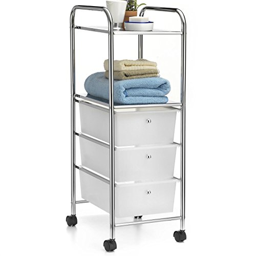 Badregal Rollwagen Rollcontainer GINA, mit 3 transparenten Schubladen und 2 Böden in Metall verchromt