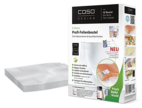 CASO Profi- Folienbeutel 20x30cm (1219) / 50 Beutel mit Etiketten für alle Balken Vakuumierer geeignet / Kochfest - Mikrowellen geeignet - Sous Vide geeignet / stabile Schweißnaht / Materialstärke ca. 160 µm / kostenlose Food-Manager App