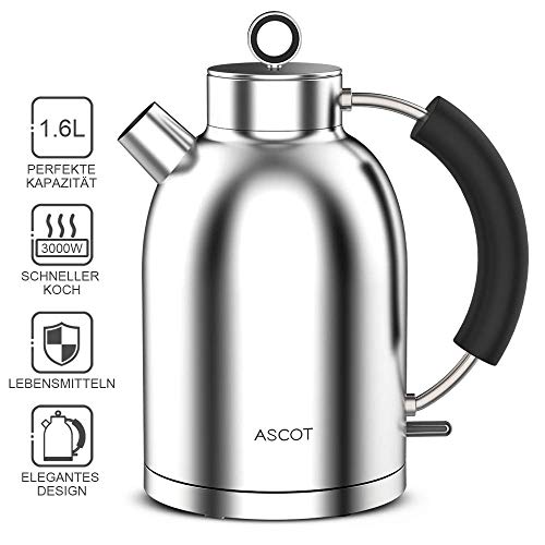 Wasserkocher Edelstahl ASCOT BPA frei Retro 1.6L 3000W Kettle Teekocher, Lebensmittelqualität Material Schneller Heizung Wasserkessel,Trockengehschutz automatische Abschaltung