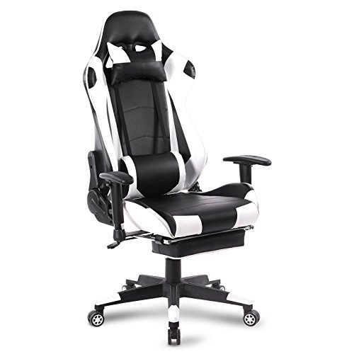 WOLTU Bürostuhl Chefsessel Racing Stuhl Gamingstuhl Schreibtischstuhl Sportsitz mit Kopfstütze und Ledenkissen, Armlehne verstellbar, mit Fußstütze, Kunstleder, höhenverstellbar, Weiß, BS14ws