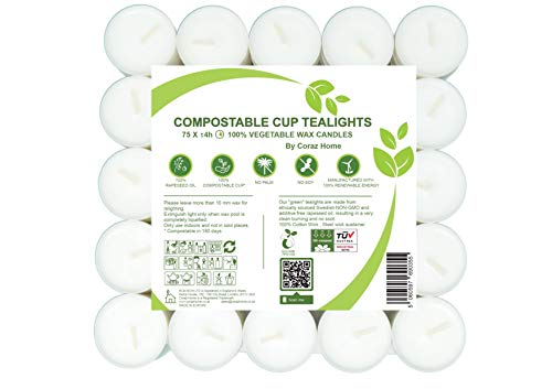 Compostable Cup Tea Lights Vegetable Wax Rapeseed Wax Tealights 4 Hours Burning Time Pack of 75 Candles Friendly to The Environment Unscented