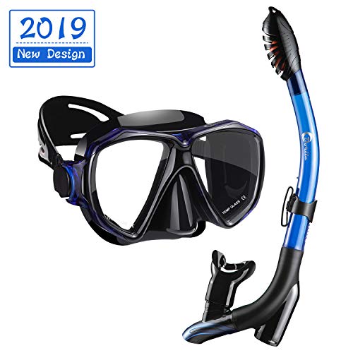 Dorlle Schnorchelset Schnorcheln Set mit Schnorchel und Taucherbrille，wasserdichte Tauchmaske Anti-Fog Anti-Leck aus Gehärtetem Glas，mit 3-Kanal Premium Dry Schnorchel für Erwachsene ，Schwarz/blau