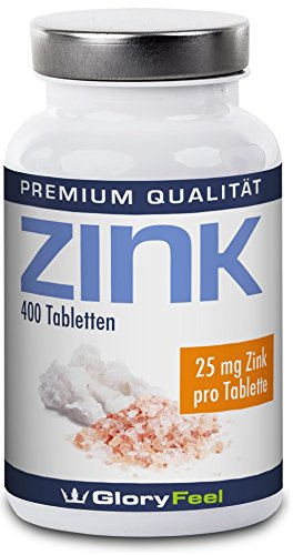 Zink 400 Tabletten Hochdosiert - Der VERGLEICHSSIEGER 2018* - Mehr als 1 Jahr Komplettversorgung - 25mg Reines Zink-Gluconat pro Tablette Ohne Magnesiumstearate - Nahrungsergänzungsmittel von GloryFeel