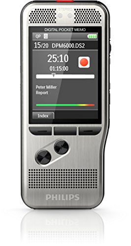 Philips DPM6000 Digitales Diktiergerät Aufnahmegerät, Steuerung per Drucktasten, 2 Mikrofone für ausgez. Stereo-Aufnahmen, Farbdisplay, robustes Edelstahlgehäuse, inkl. Diktiersoftware SpeechExec 10, neue Version