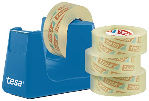 tesa Easy Cut Smart Tischabroller (Klebefilmabroller, mit Stop-Pad für sicheren Stand, mit 4 Rollen tesafilm transparent 33m:19mm) cyan blau
