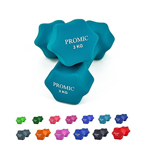 PROMIC  Neopren Hanteln Gewichte für Gymnastik Kurzhanteln- ideal für Aerobic & leichtes Fitnesstraining, 13 verschiedene Gewichte und Farben zur Auswahl (2er-Set), 2 x 3 kg, Hellblau