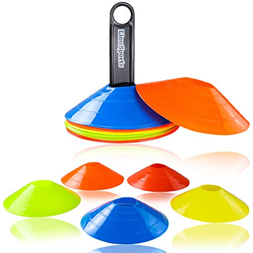 LionSports Profi Markierungshütchen Set (verbesserte Version 2019) - Perfektes Fussball Trainingszubehör (15er Set mit Halter)