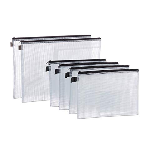 Relaxdays Dokumententasche 6 Stück, DIN A4 und A5, Reißverschluss, Schlaufe, Dokumentenmappe Reise, PVC, Klar/schwarz