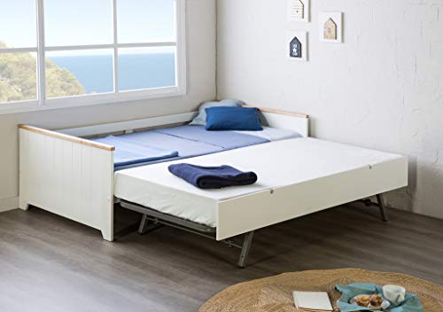 ambiato Tagesbett Madi Kinderbett + Gästebett Kojenbett Landhaus Weiß + Pinie massiv Ausziehbett