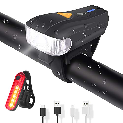 ELEHOT Fahrradbeleuchtung Set USB Automatische Lichteinstellung IPX6 Wasserdicht Fahrradlichte Set mit 5 Leuchtmodi Fahrradlampe Set inkl Wiederaufladbare 450 Lm 150m/820ft