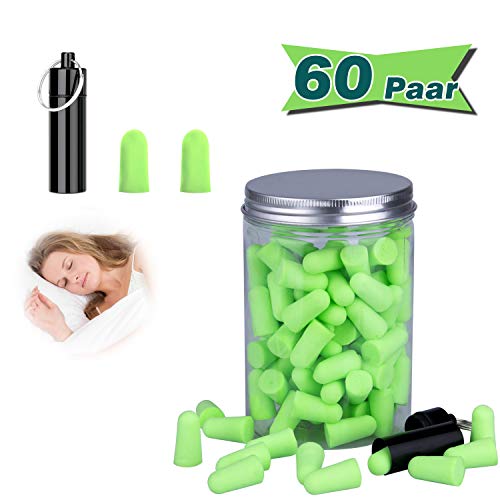 Ohrstöpsel für Gehörschutz(60 Paar),Extrem hohe Dichte Gehörschutzstöpsel,mit Tragbarer Aluminium-Flasche,Gehörschutz für Schlafen,Schnarchen,Arbeit,Lernen,Baulärm,Konzerte, Disco,Reisen【SNR 36db】