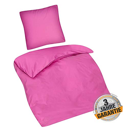 Aminata Kids Bettwäsche Einfarbig 135 x 200 cm + 80 x 80 cm aus Baumwolle mit Reißverschluss, schöne Jugendbettwäsche mit Uni-Motiv in rosa pink ist weich und kuschelig
