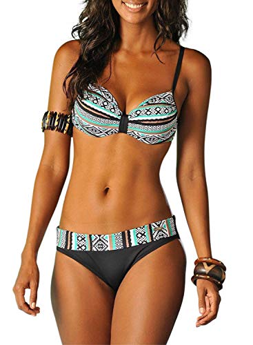 Dokotoo Damen Bandeau Bikini Mit Bügel Push Up Blumen Raffung Bikini Set Streifen Grün S(EU36-38)