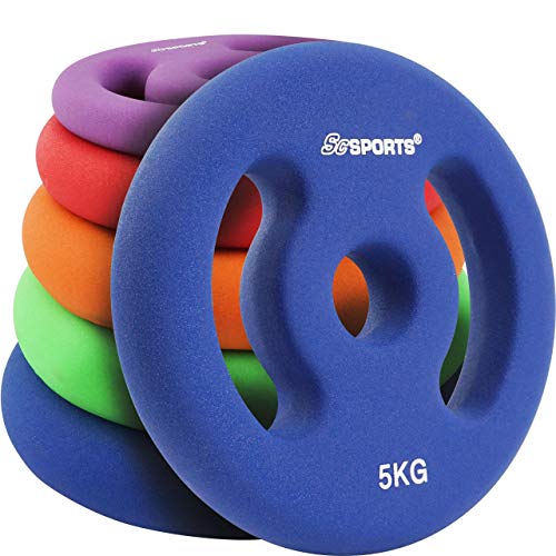 ScSPORTS Hantelscheiben Neopren mit Griffen, 10 kg Set: 2 x 5 kg, Guss Gewichte, 30/31 mm Bohrung, Blau