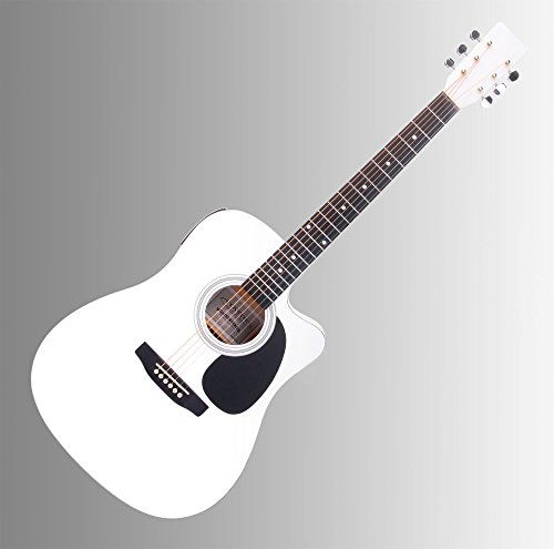 Classic Cantabile WS-10WH-CE Westerngitarre mit Tonabnehmer (Akustik und verstärkt, Dreadnought, Cutaway, 3-Band EQ + Presence, Stimmgerät Tuner mit LCD, XLR und Klinke) weiß Hochglanz
