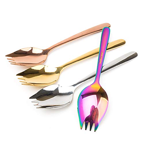Edelstahl Multifunktions-Göffel für Camping Utensilien, Spaghetti Salat Dessert Heavy Duty Besteck-Set, 15 cm Länge, 4 Stück Mehrfarbige Sporken (Silber/Regenbogen/Gold/Rotgold) 4 Color
