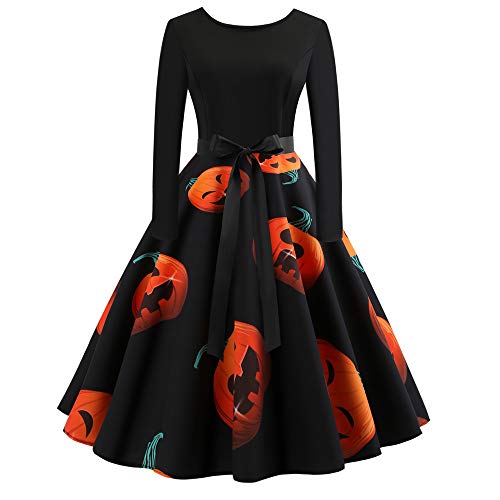Vectry Kleider Damen Halloween Kostüm Festlich Mini Cocktailkleid Abendkleid Sommerkleider Spitzenkleid Frauen Verein Partykleid, Retro Gedruckt Lang Ärmel Empire Schärpen Knielang Ballkleid