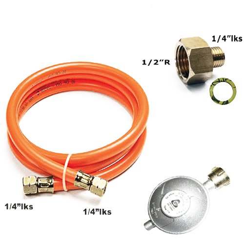 J+N Gasschlauch Druckminderer Set 150cm/ 50mbar + Phönix PH-A12.14 Übergang 1/2' R x 1/4' lks LPG Adapter aus Kupfer für Gaskocher BBQ Camping