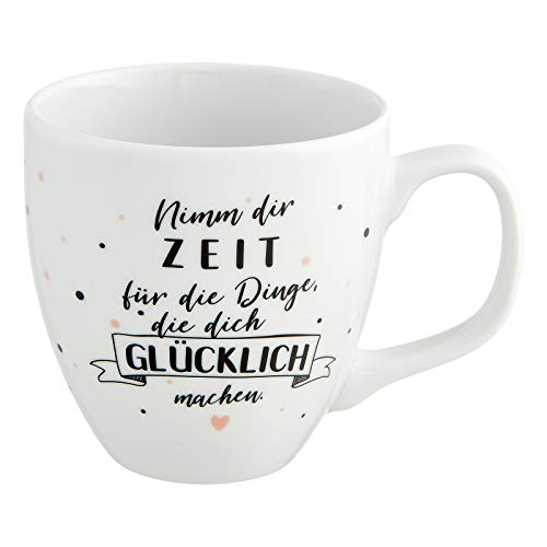 Him & I - Jumbo Tasse mit Spruch Nimm dir Zeit für die Dinge, die dich glücklich machen - 9,5 cm - 0,45 l - Porzellan Tasse - Kaffeetasse - Kaffeebecher - Geschenk für beste Freundin, Mama & Kollegin