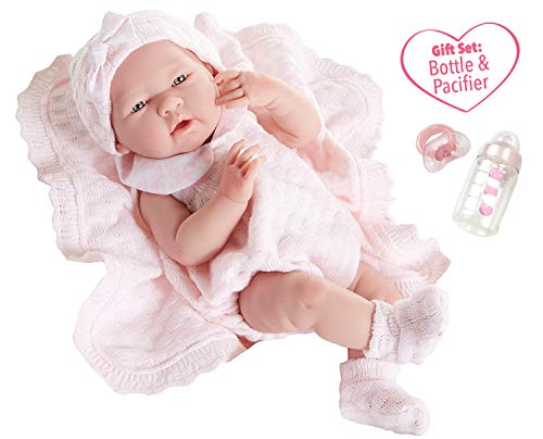 Berenguer Baby-Puppe in rosa Strickstrampler mit Decke, Vinyl, Mädchen